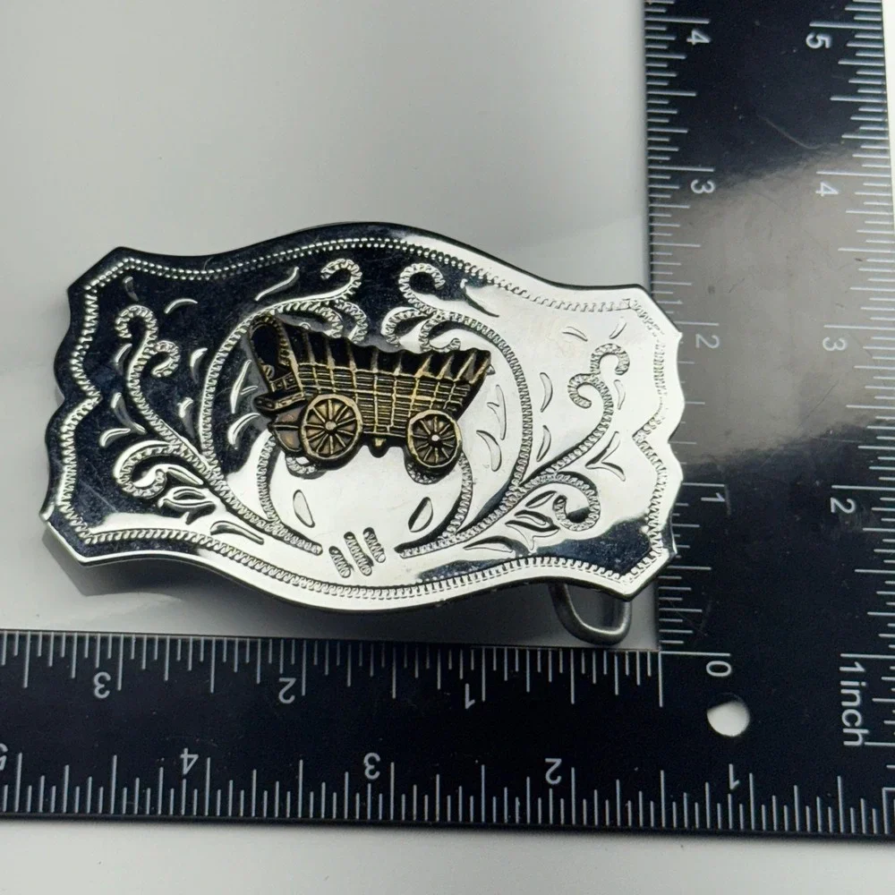 Western‎ Covered Wagon Belt Buckle Ornate Silver Tone Western Style